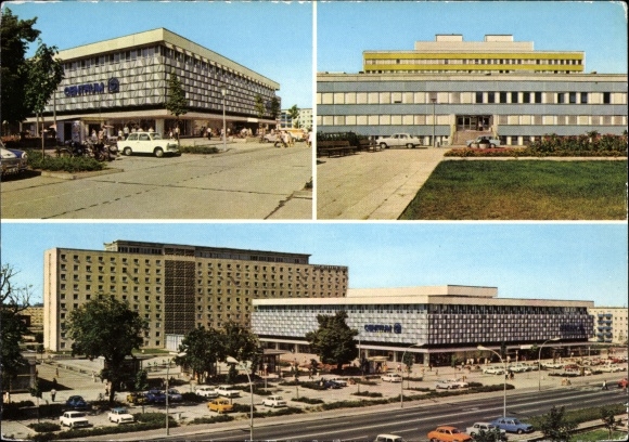 Postcard Schwedt an der Oder, center department store, district hospital, workers' dormitory hotel