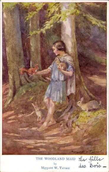 Artist Postcard Tarrant, Margaret W., Girl with animals in the forest, rabbits, squirrels