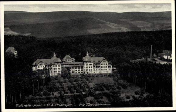 Postcard Melsungen in the Schwalm Eder district, aerial photograph, Stadtwald sanatorium