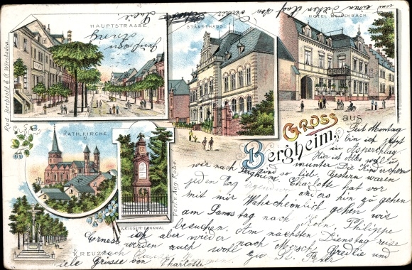 Chromo-Litho Bergheim an der Erft, Hotel Weidenbach, Estates House, Main Street, Catholic Church, Cross