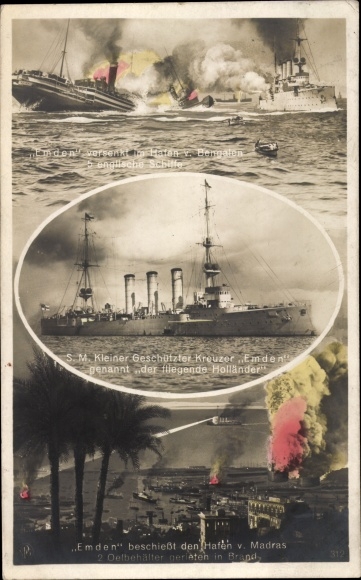 Postcard German warship, SMS Emden, small cruiser bombards Madras, Imperial Navy