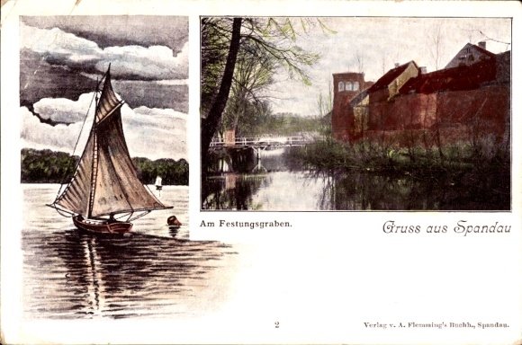 Postcard Berlin Spandau, moat, sailing ship on Havel, citadel