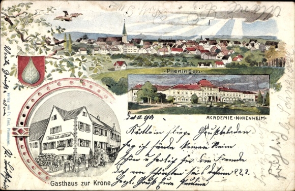 Artist Postcard Fuchs, Karl, Plieningen Stuttgart, general view, Gasthaus zur Krone, Hohenheim Academy