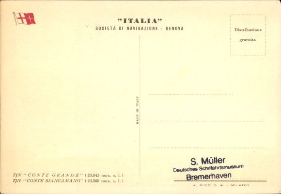 Postcard TN Conte Grande, Conte Biancamano, Italia di Navigazione, steamship