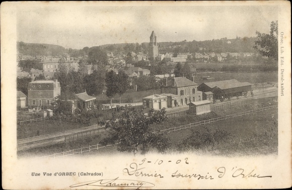 Postcard Orbec Calvados, partial view, train station