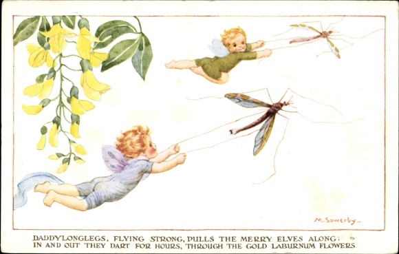 Kunstenaar Ak Sowerby, M., Daddy Longlegs, vliegend sterk, trekt de vrolijke elven mee
