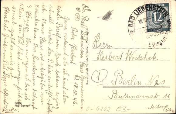 Postcard Bad Liebenstein in the Thuringian Forest, building in the foreground, forest in the background, old architecture