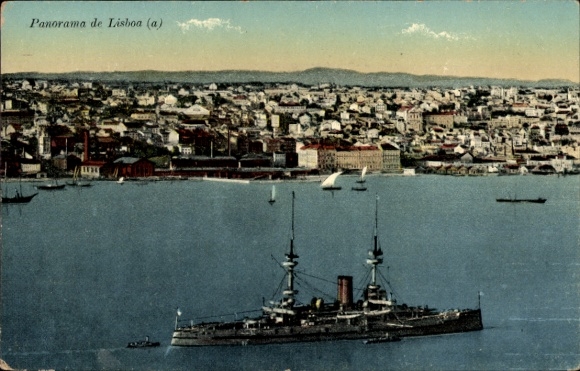 Ak Lisboa Lissabon Portugal, Panorama, Kriegsschiff in Fahrt