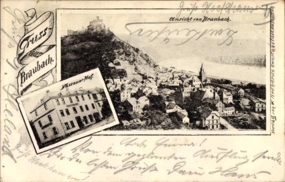 Postcard Braubach am Rhein, total view, Nassauer Hof, Marksburg
