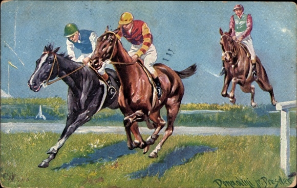 Artist PC Donaldini, AE, jockeys die paarden berijden, paardenraces