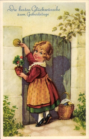 Artist Postcard Happy Birthday, girl rings the doorbell