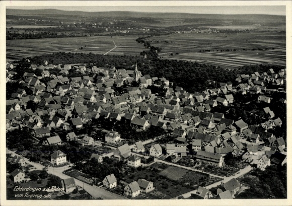 Postcard Echterdingen on the Fildern, aerial view of the city, many roofs, green areas