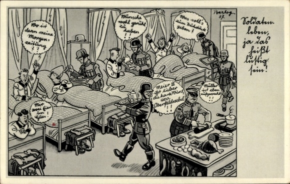 Artist Postcard Barlog, Soldier's life means being funny, Wehrmacht, officer, dormitory, II. WW