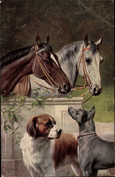 Artist PC Reichert, two horses and dogs, St. Bernard