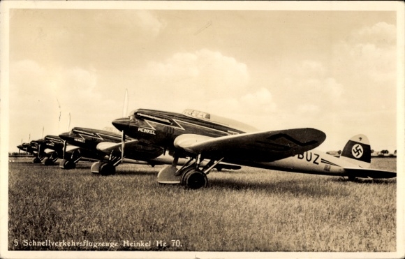 Postcard Heinkel He 70 Blitz, high-speed passenger aircraft, registration D-UBUZ, propeller aircraft