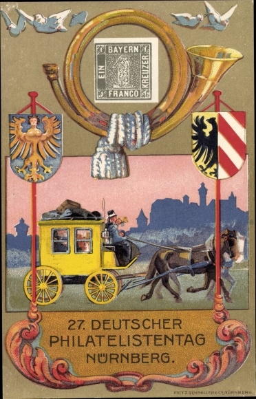 Stamps PC Nuremberg, 27. Deutscher Philatelistentag 1921, Schwarzer Einser, mail coach, coat of arms