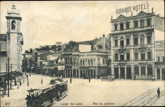 Postcard Rio de Janeiro Brazil, Largo da Lapa, Grande Hotel, tram