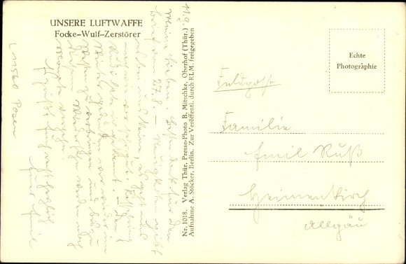 Postcard German Air Force, Focke Wulf Fw 187 AO destroyer, in flight