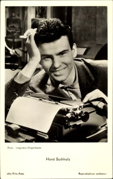 Postcard actor Horst Buchholz, portrait, typewriter