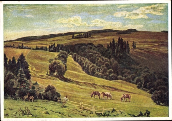 Artist PC Traub, Gustav, evening shadows, landscape with horses, HDK 227