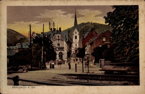 Postcard Braubach am Rhein, city view, church, houses, trees, pedestrians, rails