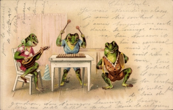 Chromo-Litho Humanized Frogs with Musical Instruments
