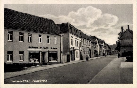 Postcard Hermsdorf in Thuringia, Main Street, Bookstore