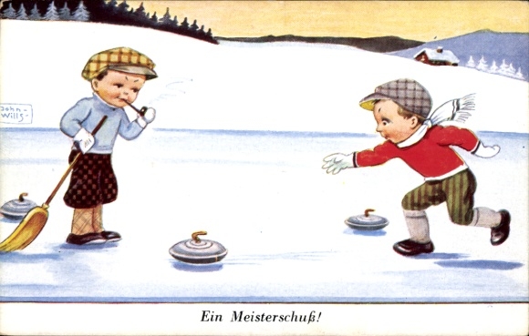 Artist Postcard Wills, John, A Master Shot, Children Playing on the Ice, Pipe