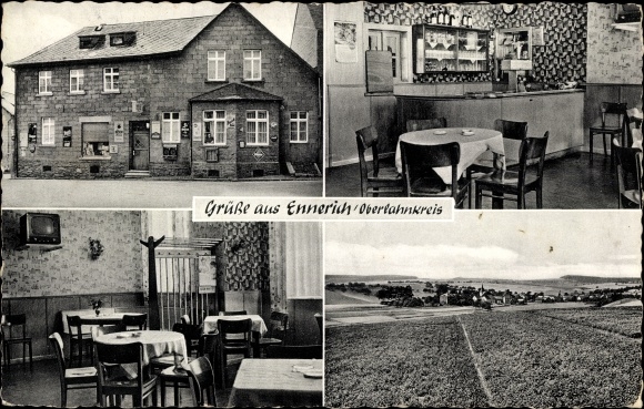 Postcard Ennerich Runkel an der Lahn, panorama, inn, grocery store, bakery Reibling