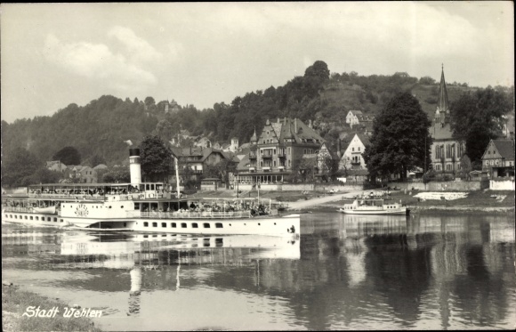 Postcard Stadt Wehlen an der Elbe Sachsen, saloon steamer Leipzig, view of the town