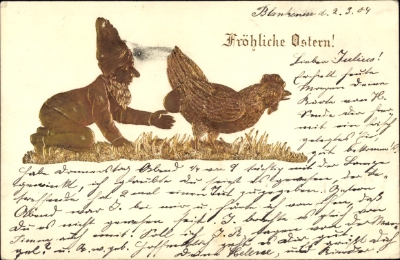 Embossed glitter PC Happy Easter, chicken lays an egg, dwarf