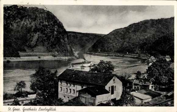 KP St. Goar am Rhein, Gasthaus Loreleyblick, Dolina Renu, statek na wodzie, zalesione wzgórza