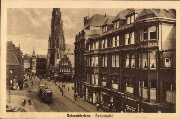 Postcard Gelsenkirchen in the Ruhr area, city view, Bankstraße, buildings, tram