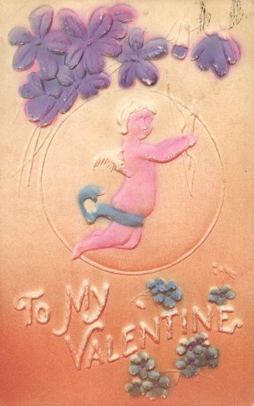 Emboss Postcard Valentine&#39;s Day, Eros with bow, flowers