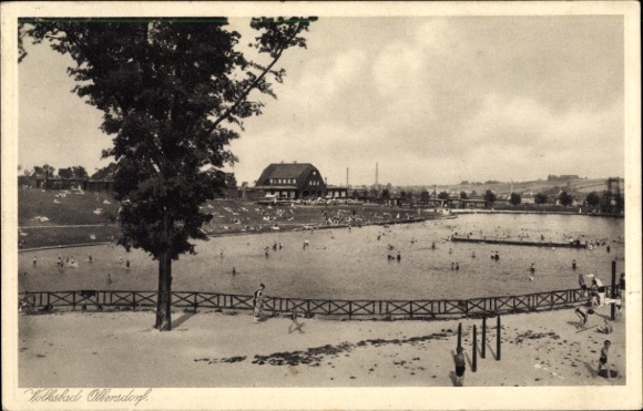 Postcard Olbersdorf in Saxony, public bath, Zittau Mountains, bathers
