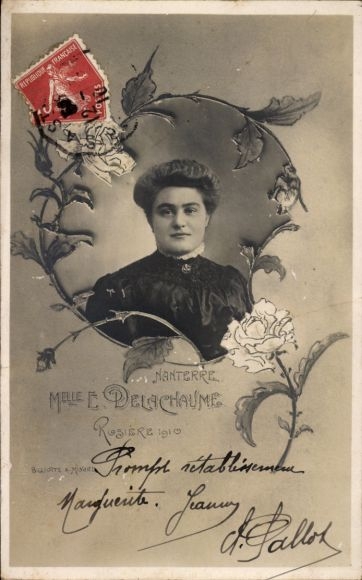 Ak Nanterre Hauts de Seine, foto einer Frau, Blumenrahmen, Text 1910