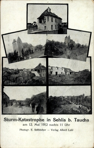Ak Sehlis Taucha in Nordsachsen, Sturmkatastrophe 12 Mai 1912, Hausruinen