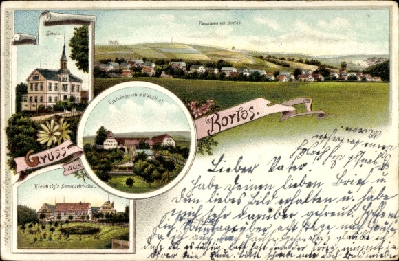 Chromo-Litho Borlas Klingenberg in the Ore Mountains, school, hereditary court, inn, Flechsig's summer resort