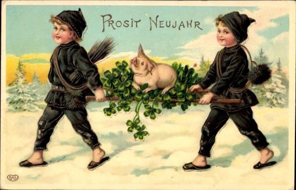 Embossed Chromo-Litho Happy New Year, chimney sweeps carrying pig on clover leaves