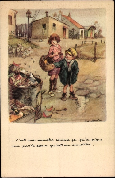 Artist PC Poulbot, Ligue Nationale contre le Taudis, children, dustbin, flies