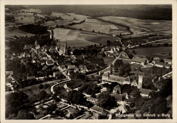 Postcard Bödigheim Buchen im Odenwald Baden, aerial photograph with castle and castle