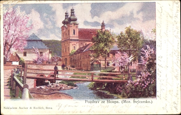 Postcard Sloup Slaup South Moravia, view of the place, church