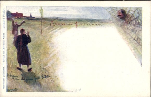 Postal stationery PC Stuttgart in Baden Württemberg, people on a meadow, man's face as a spider