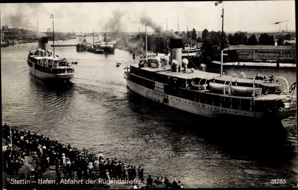 Ansichtkaart Szczecin Stettin Pommeren, haven, vertrek van de stoomboot Rügen, badplaatsschip Hertha