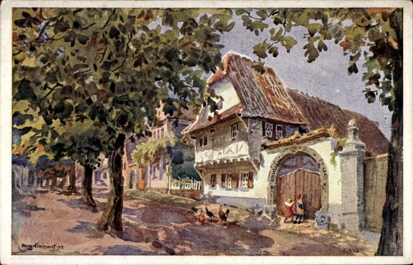 Ak Rhodt unter Rietburg in der Pfalz, Gemälde eines Winzerhauses, Bäume, ländliche Szenerie, P...