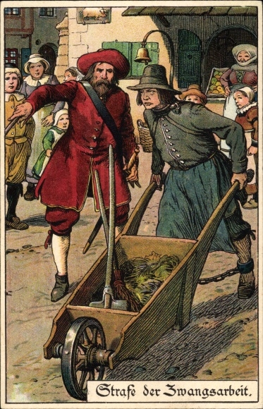 Artist Postcard Jodolfi, punishment of forced labour, convicted criminal with wheelbarrow, shame bell