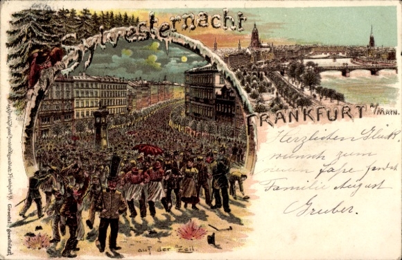 Winter Chromo-Litho Frankfurt am Main, Happy New Year,On the Zeil, City View, Bridge, New Year's Eve