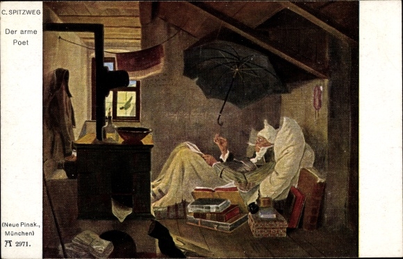 Artist PC Spitzweg, Carl, the poor poet, umbrella, books