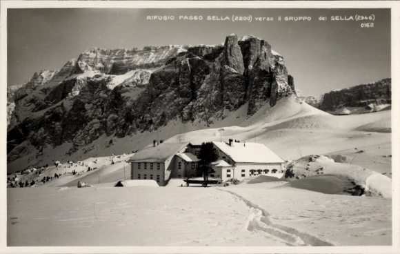 Postcard Passo Sella Sellajoch South Tyrol Trentino, mountain hut in the snow