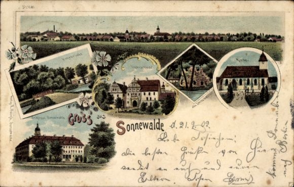 Chromo-Litho Sonnewalde in Niederlausitz, general view, castle, church